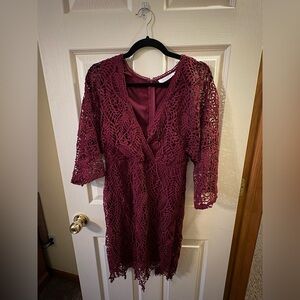 All in Favor Burgundy Lace Long Sleeve Dress
